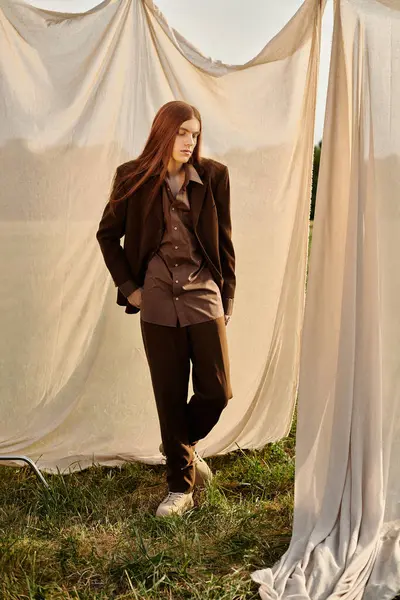 Stylish man in a brown outfit stands confidently among flowing fabrics on a sunny day. — Stock Photo