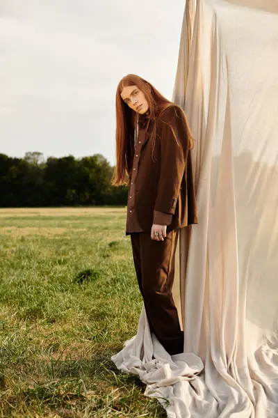 A handsome man in stylish attire stands beside a draped fabric in a serene grassy landscape. — Stock Photo