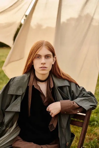 Joven con estilo con el pelo largo posa con confianza al aire libre en un entorno sereno. — Stock Photo