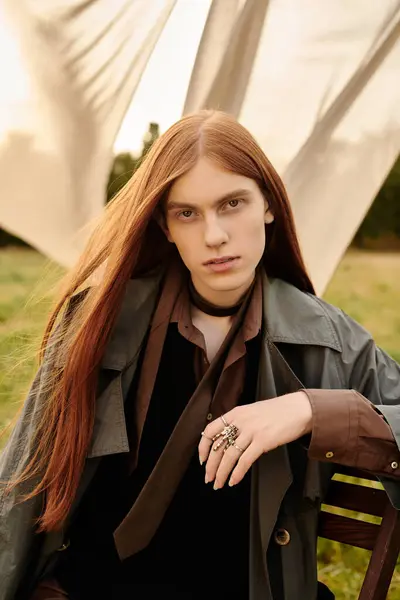 Young man with long hair showcases stylish attire against a backdrop of swaying fabric at sunset. — Stock Photo