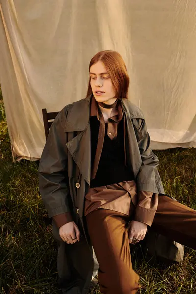 A young man with long hair relaxes in grass, showcasing a trendy outfit and confidence. — Stock Photo