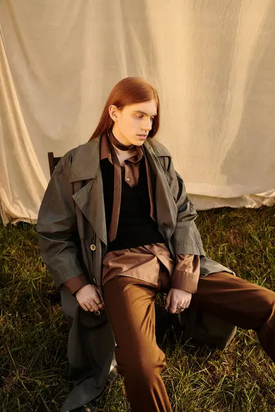 A young man with long hair in stylish clothes sits gracefully in a serene garden. — Stock Photo