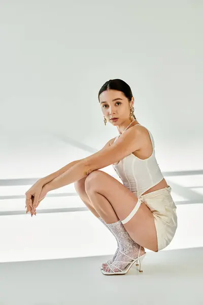 A beautiful woman showcases her gymnastic flexibility in stylish, chic attire. — Stock Photo