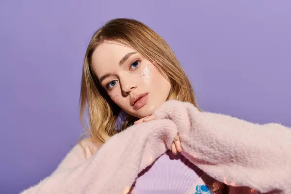 A young woman radiates charm in her trendy spring outfit, posing against a colorful backdrop. — Stock Photo