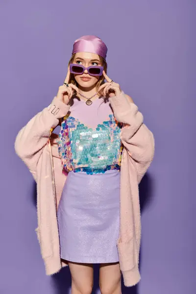 Una mujer joven con confianza luce un traje colorido y accesorios elegantes en luz brillante. - foto de stock