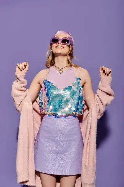 A young woman flaunts stylish spring fashion, exuding joy and confidence against a vivid backdrop. — Stock Photo