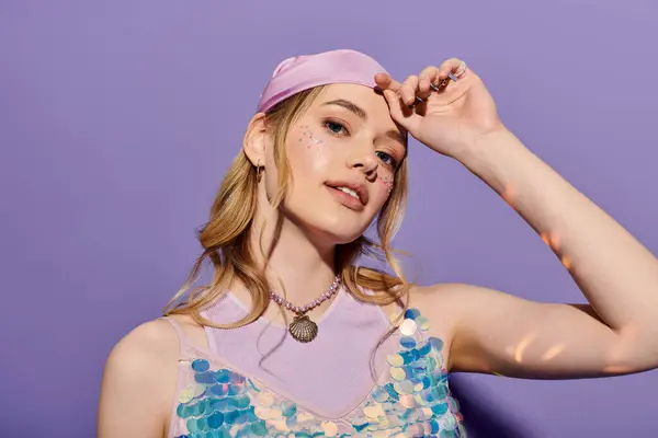 Fiduciosa giovane donna mette in mostra abiti colorati e accessori su uno sfondo vivido. — Foto stock