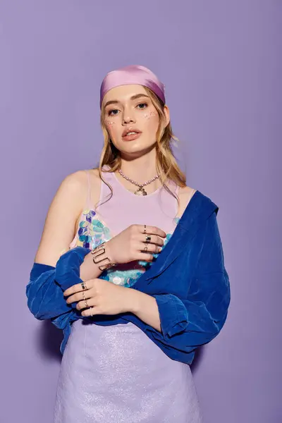 Una joven mujer muestra su atuendo de moda de primavera, exudando confianza y estilo en un entorno brillante. - foto de stock
