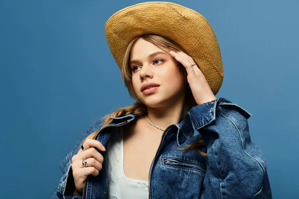 A young woman in a denim jacket embodies spring style against a vibrant blue studio. — Stock Photo