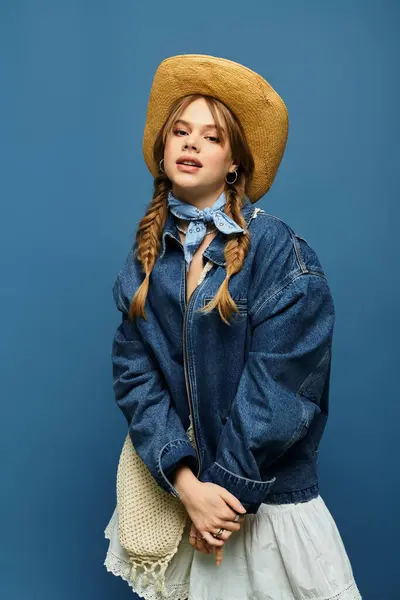 Una joven con chaqueta de mezclilla y sombrero de vaquero. - foto de stock