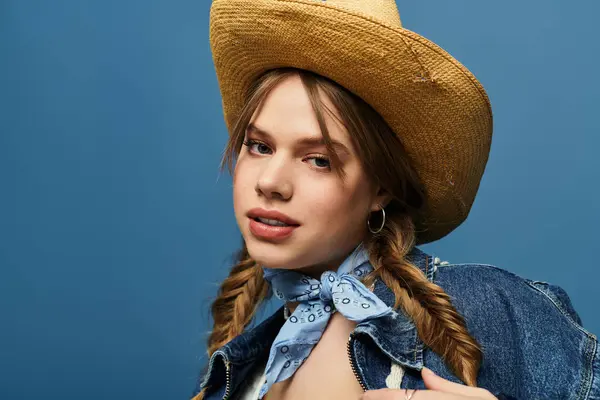 A young woman poses in a denim jacket and stylish hat, showing off her spring vibe. — Stock Photo