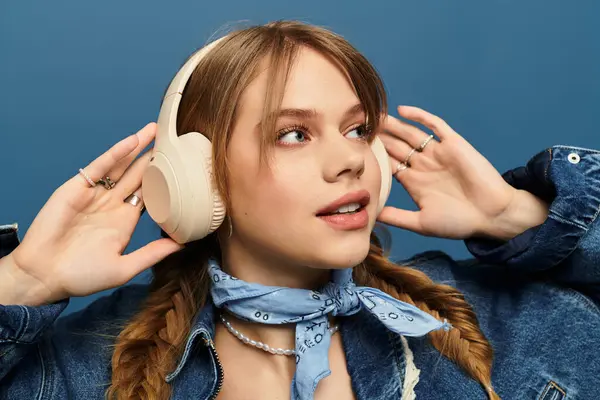 A young woman rocks a denim jacket and headphones, embracing springs vibrant energy — Stock Photo