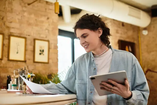 A young, handsome guy in a relaxed cafe atmosphere, engaging with notes while using a tablet. — Stock Photo