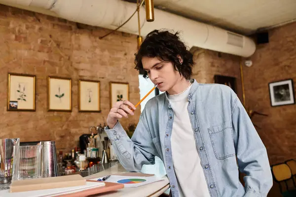 Young handsome guy sits at a cafe, deep in thought as he sketches creative ideas with a pencil. — Stock Photo