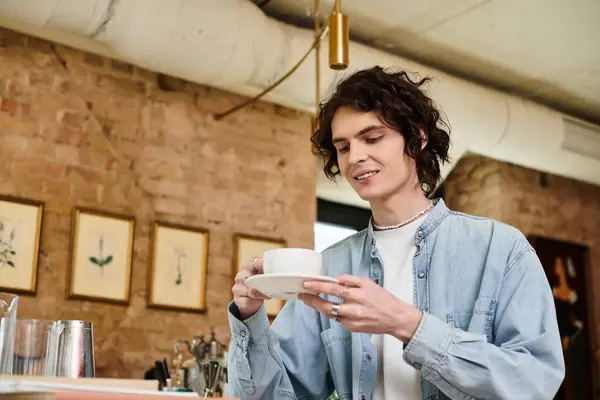 Un jeune homme aux cheveux ondulés s'assoit dans un charmant café, souriant alors qu'il tient une tasse, profitant de son temps. — Stock Photo