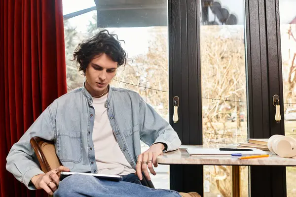 Handsome young guy relaxes at a cafe, immersed in thought while jotting down notes. — Stock Photo