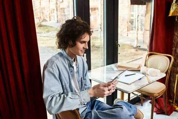 A young handsome guy relaxes at a cafe, absorbed in his smartphone while savoring the ambiance. — Stock Photo