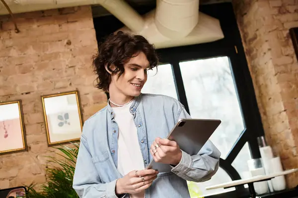Un joven sonríe mientras sostiene una tableta, inmerso en un momento de relajación en un café. - foto de stock