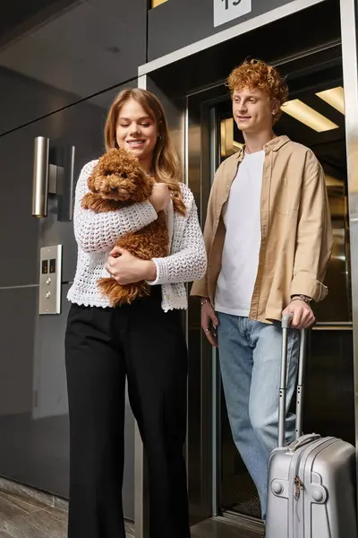 A young couple enjoys their hotel arrival, embracing each other while holding a delightful pet. — Stock Photo