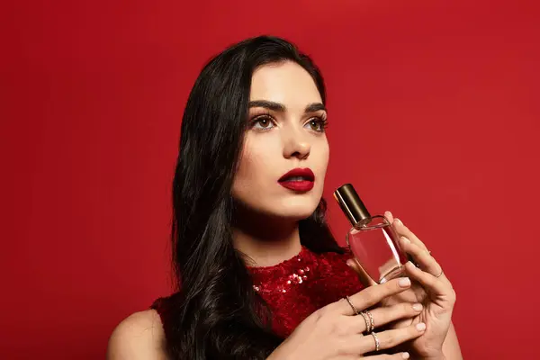 Una joven impresionante con labios rojos sostiene una botella de perfume en un rico telón de fondo rojo, exudando encanto. — Stock Photo