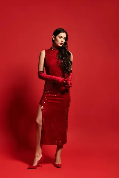 A young woman with brown hair dressed in a stunning red gown stands gracefully in a studio. — Stock Photo
