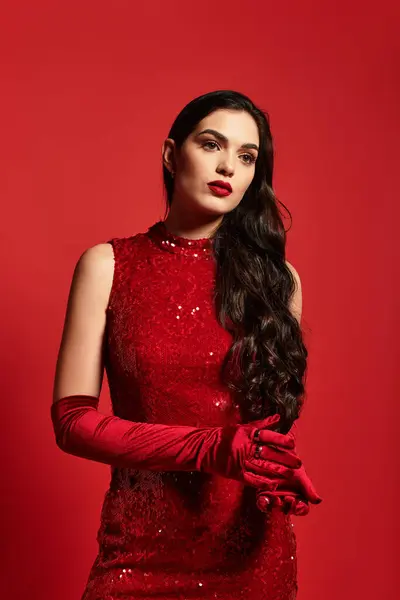 A stunning woman poses gracefully in vibrant red attire, exuding elegance and charm in a studio. — Stock Photo