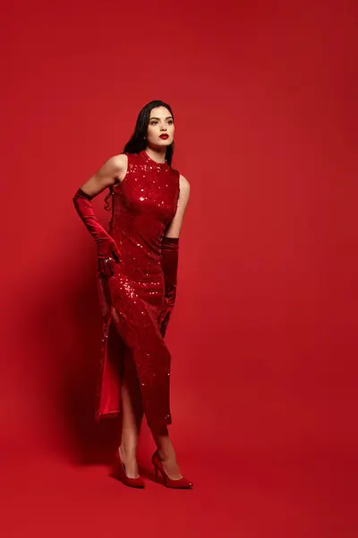 A stunning young woman in a sequin-adorned red dress shows off her style. — Stock Photo