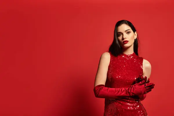A captivating young woman showcases her beauty with striking red lips while wearing stylish attire. — Stock Photo