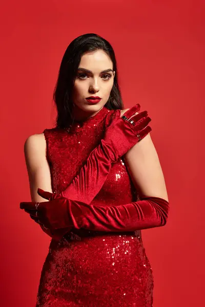 A beautiful young woman with brown hair sports striking red lips and elegant red gloves. — Stock Photo