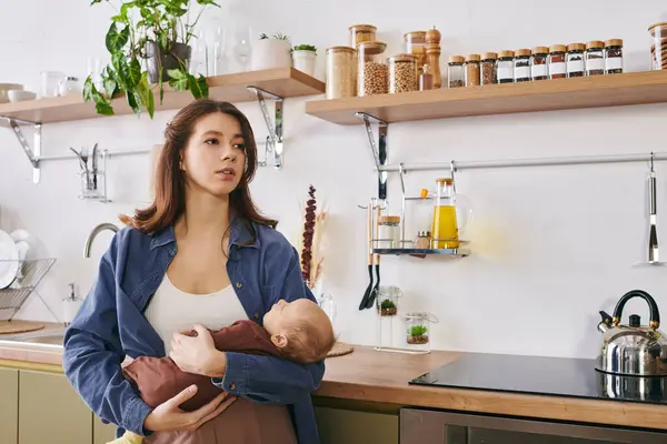 Warm moments of a woman embracing motherhood in her inviting kitchen space — Stock Photo