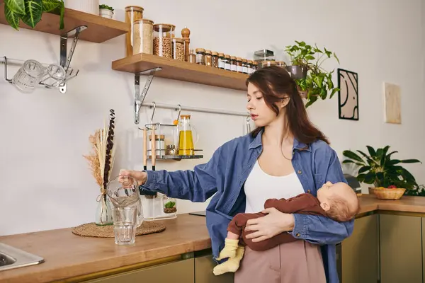 A loving mother cradles her baby while making treats in a cozy kitchen for Mothers Day. — Stock Photo