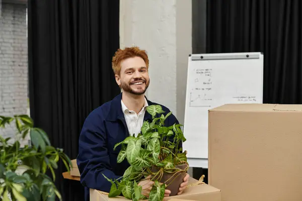 A man happily carries a potted plant among moving boxes in a modern setting. — Stock Photo