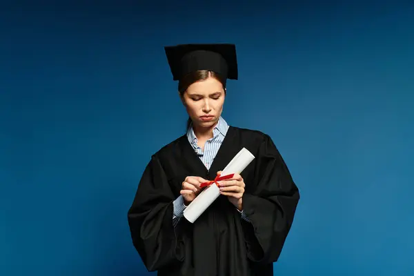 Une jeune femme en robe de fin d'études se prépare à célébrer sa réussite avec un diplôme. — Photo de stock