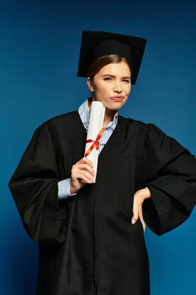 A joyful young woman proudly shows her diploma in a graduation cap and gown. — Stock Photo