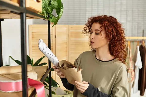A young woman explores fabrics in her stylish DIY workspace, showcasing her craft talent. — Stock Photo