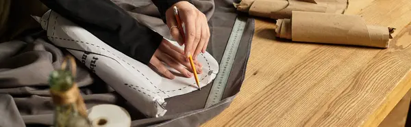 Artisanat qualifié utilise crayon et règle pour dessiner des motifs personnalisés sur le tissu dans un studio élégant — Photo de stock