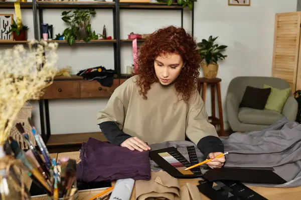 Young beautiful woman focuses on her craft, creating a modern design in her artistic workspace. — Stock Photo