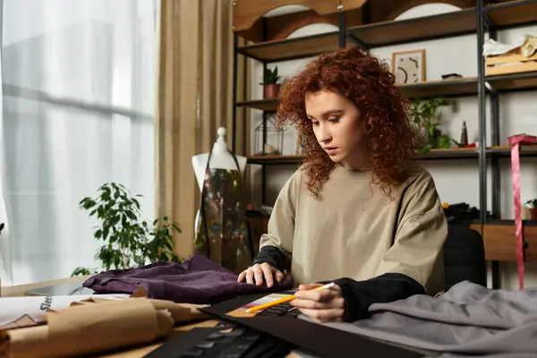 Artesana talentosa inmersa en el diseño de materiales únicos en su elegante espacio de trabajo durante el día - foto de stock