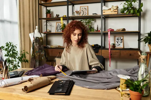 Skilled craftswoman engages with design materials at her vibrant workspace surrounded by plants. — Stock Photo