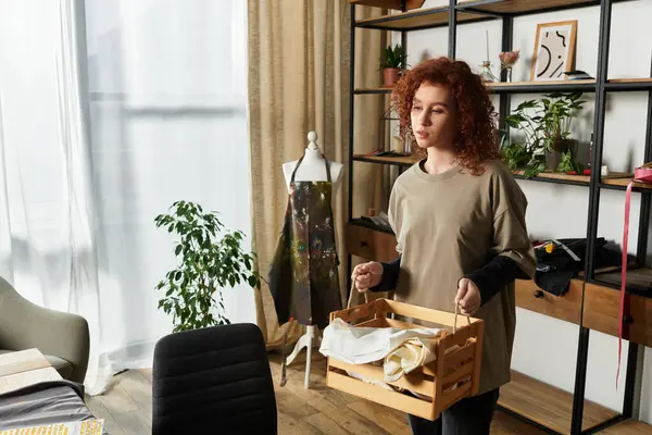 Craftswoman in a stylish space holds a wooden basket of materials while she works. — Stock Photo