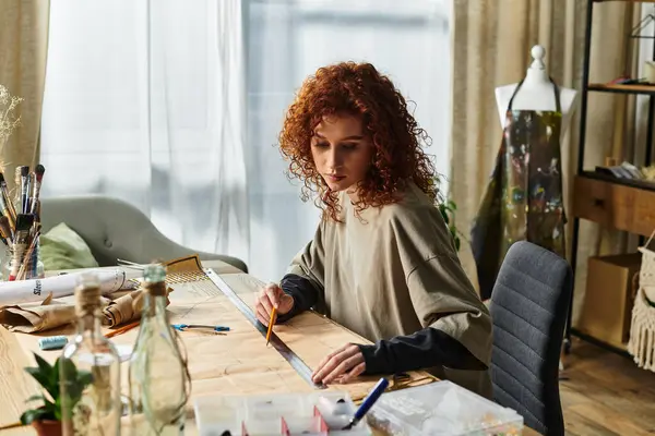 Young woman skillfully measures materials while working on a unique design in her cozy studio — Stock Photo