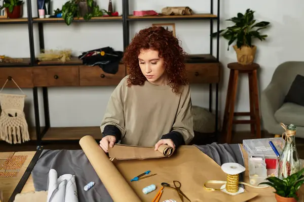 Une jeune femme talentueuse assemble habilement des matériaux pour son dernier projet de bricolage. — Photo de stock