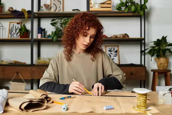Artigiana focalizzata sul design, sapientemente lavorando con i materiali in un elegante studio interno — Foto stock