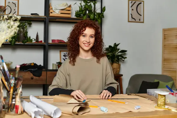 Young craftswoman engaged in an inspiring DIY project, surrounded by plants and artistic tools. — Stock Photo