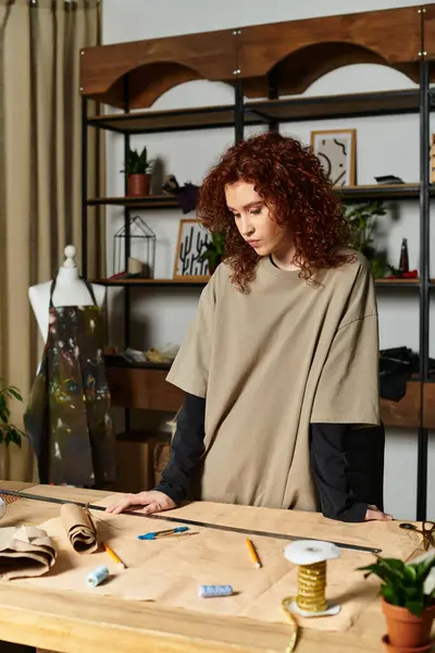 Una joven con estilo se sumerge en su pasión por la elaboración con un proyecto de bricolaje. - foto de stock
