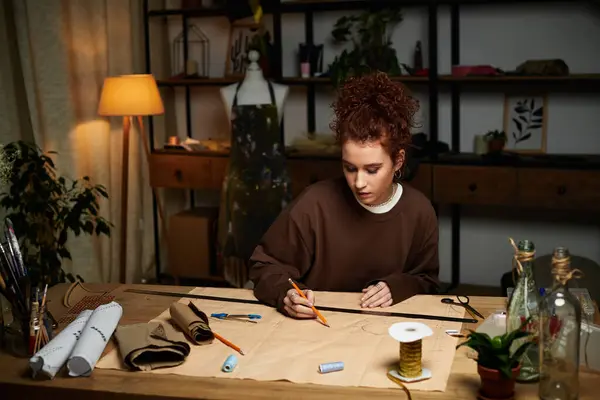 Молода красива жінка вміло ескізує свій останній проект DIY в теплій і запрошеній студії. — стокове фото