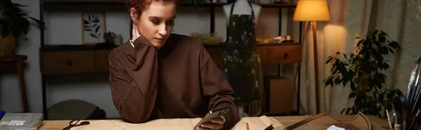 Jeune femme talentueuse engagée dans un projet artisanal de bricolage, explorant des idées sur son smartphone. — Photo de stock