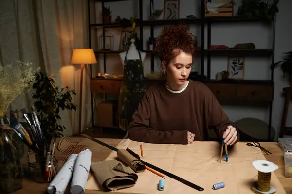 Focalisé jeune femme habilement concevoir des modèles et de travailler sur le projet de couture dans un studio confortable — Photo de stock