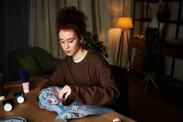 A young woman skillfully adorns denim with vibrant threads in a cozy, inviting space. — Stock Photo