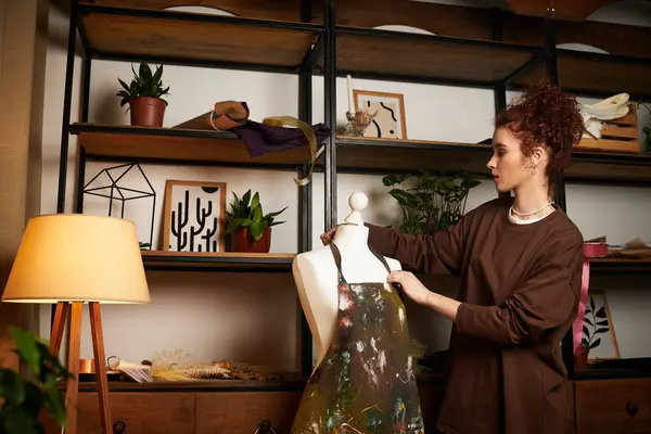 A young beautiful woman skillfully adjusts an apron on a mannequin in her stylish crafting area. — Stock Photo